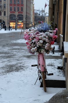 A pink bicycle with a basket of artificial flowers on a snowy street in a European city.