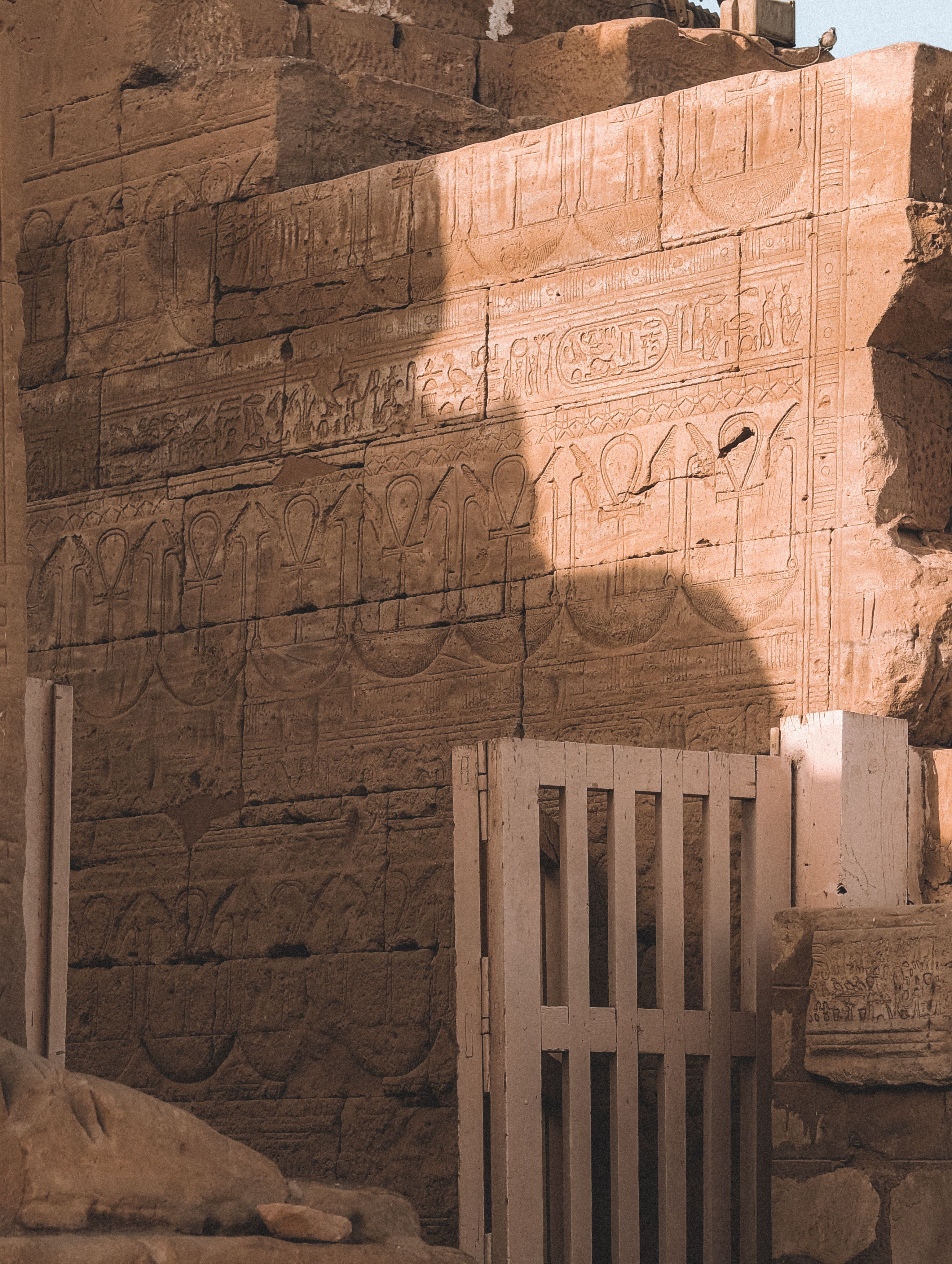 Historic Egyptian hieroglyphs carved in sandstone temple wall, Qena Governorate, Egypt.