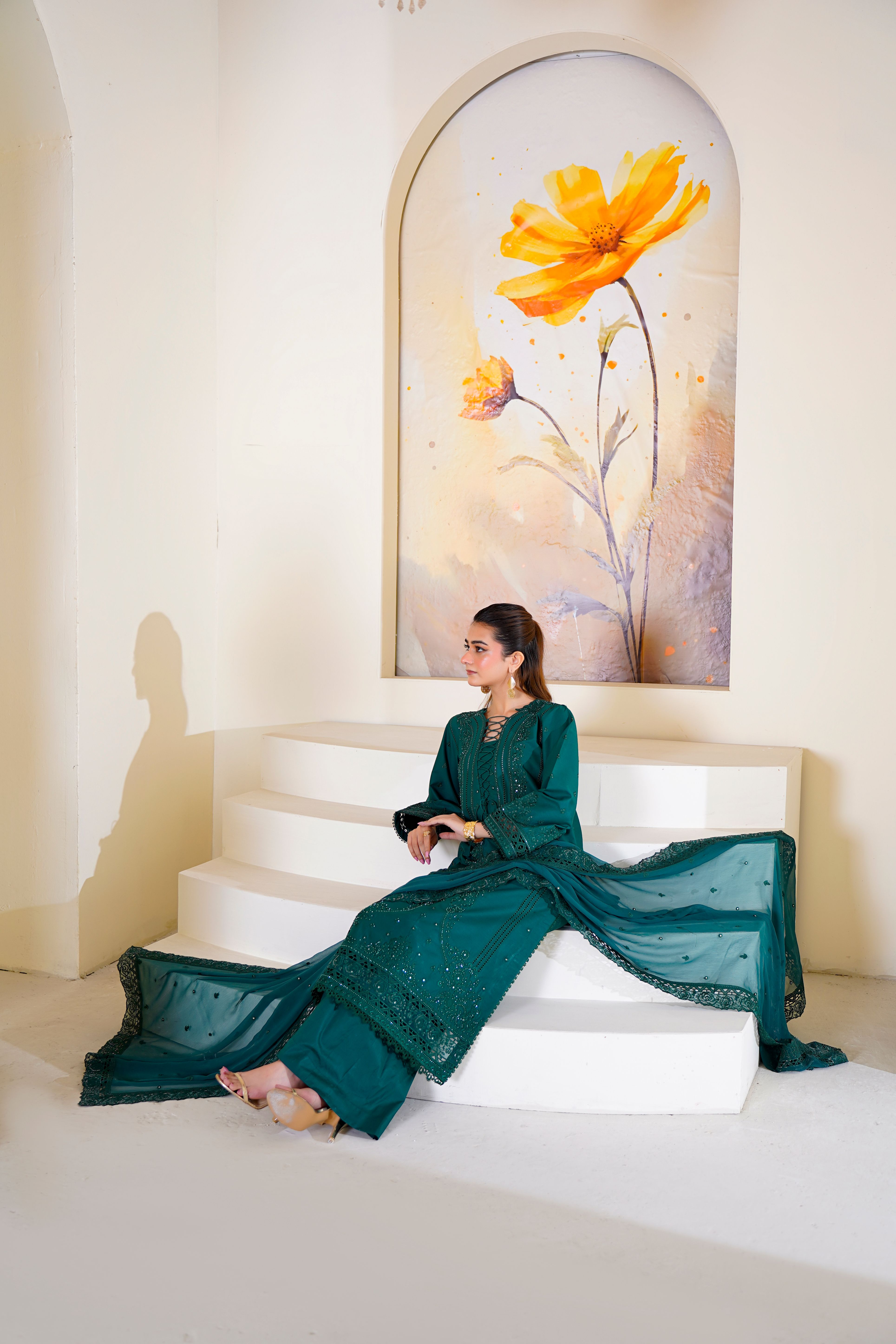 Emerald Embroidered Dress Seated