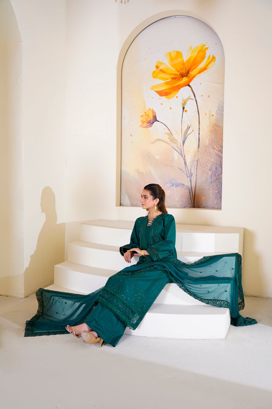 Emerald Embroidered Dress Seated