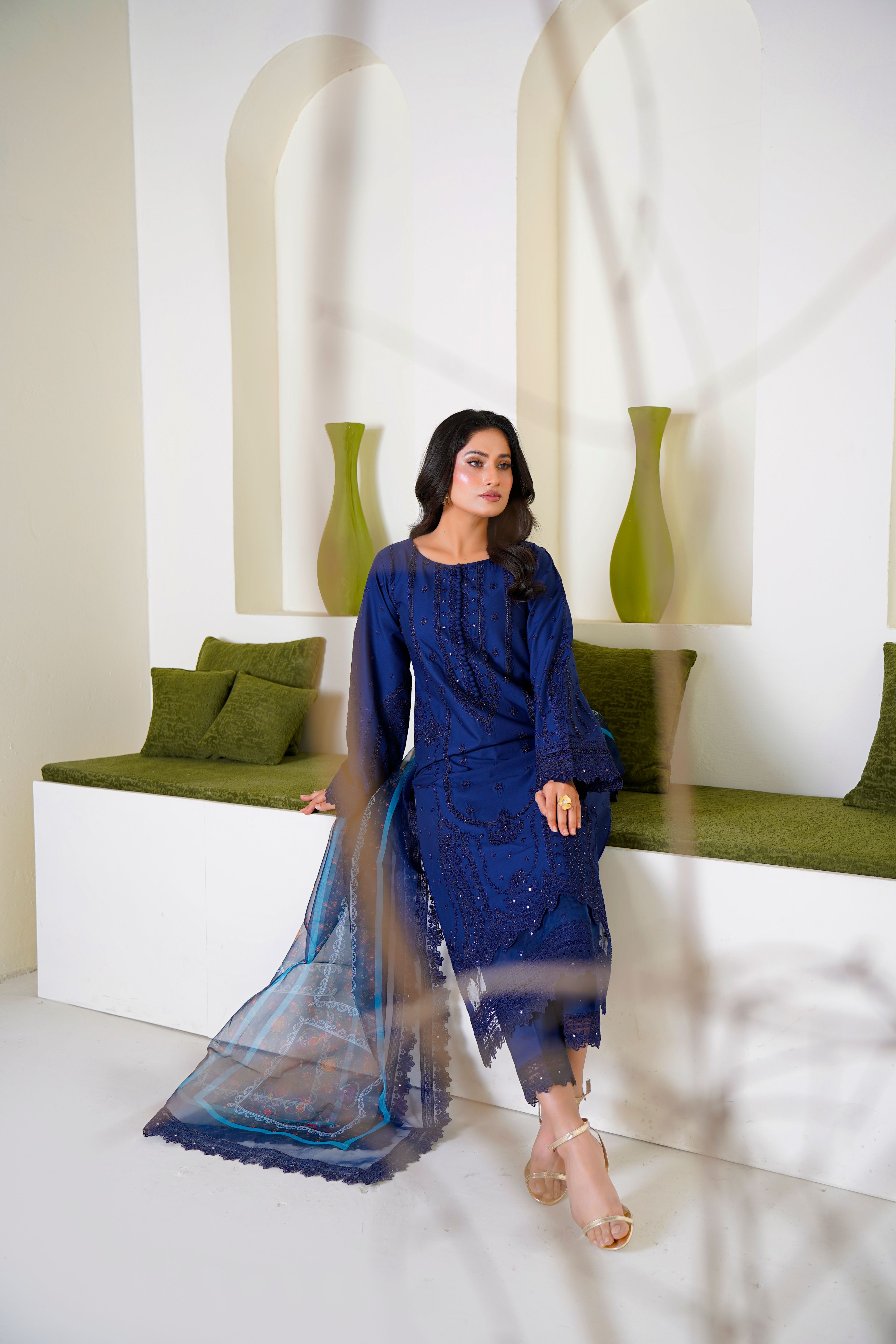 Elegant Blue Embroidered Dress