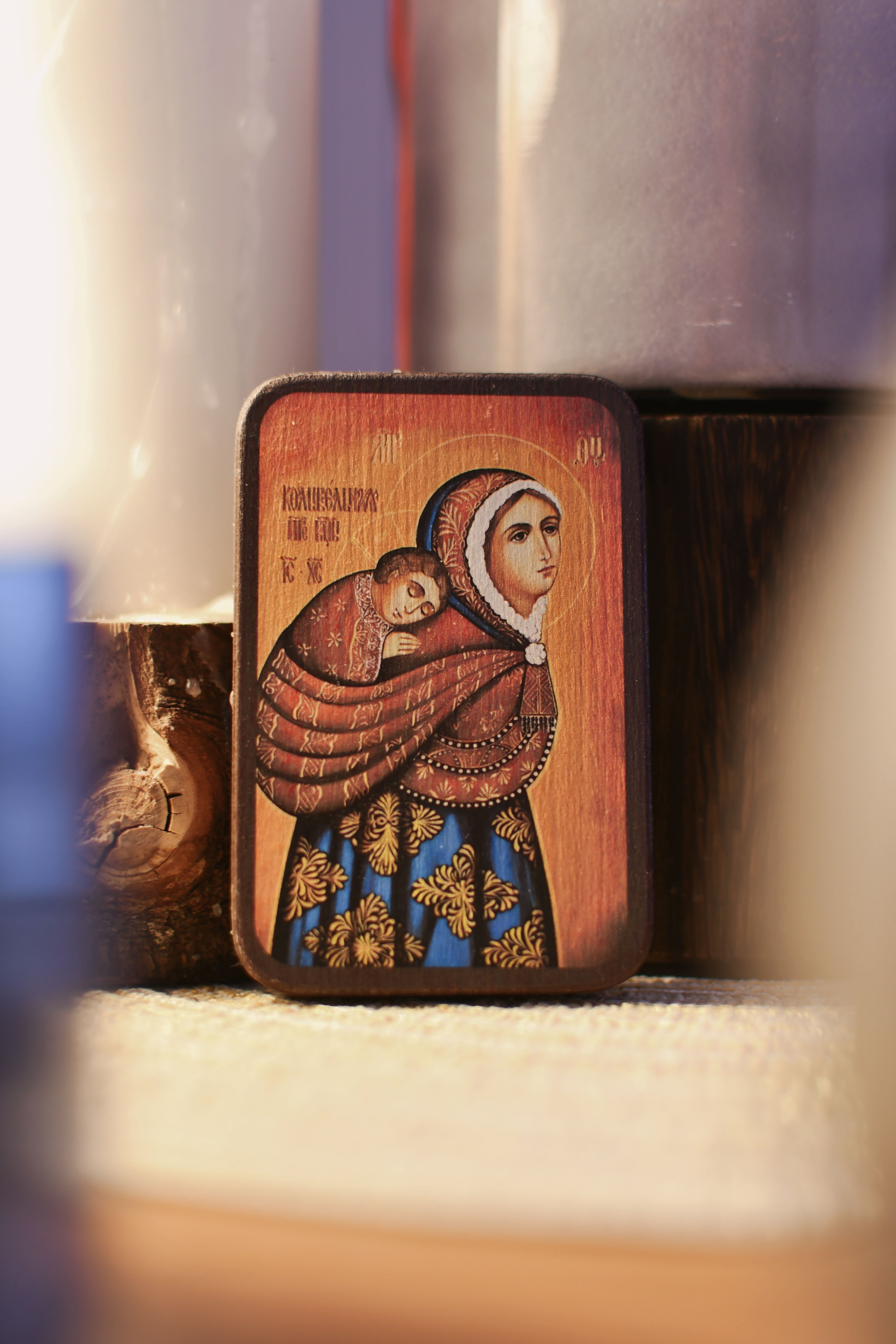Close-up of a traditional religious icon depicting a mother and child.