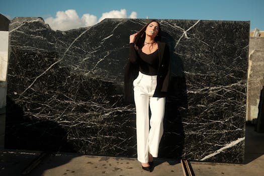 Fashionable woman in black and white attire posing outdoors by a black marble slab.