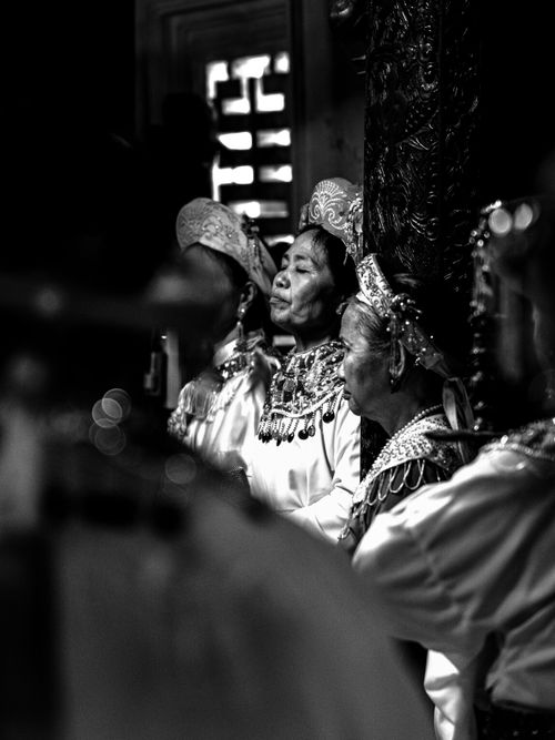 Free Black and white portrait of women in traditional attire during a ceremony in Hanoi, Vietnam. Stock Photo