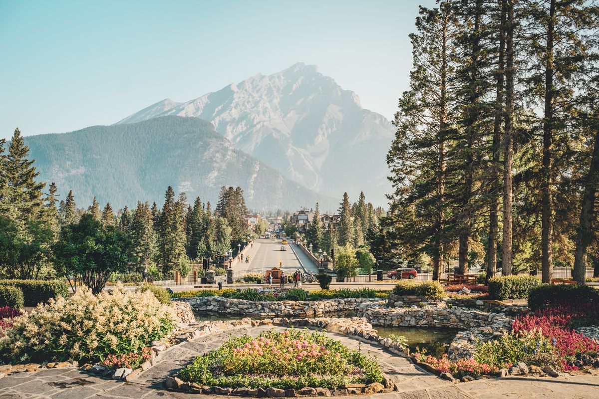 Banff Avenue leading toward Cascade Mountain, seen from the Cascade of Time Garden