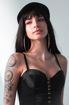 Elegant woman with hoop earrings and tattoo in a black corset, exuding modern fashion style.