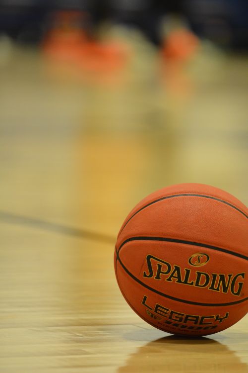 Free Focused shot of a Spalding basketball resting on an indoor court, ready for the game. Stock Photo