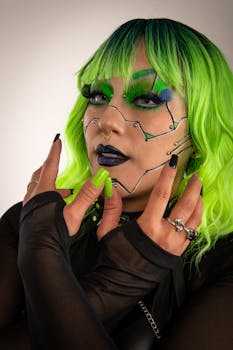 Close-up of a person with cyberpunk makeup and neon green hair.