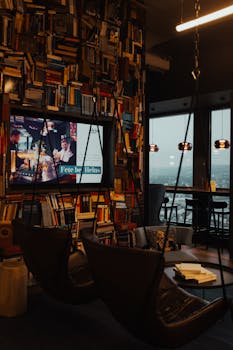 Warm and inviting library lounge with hanging chairs and city view.