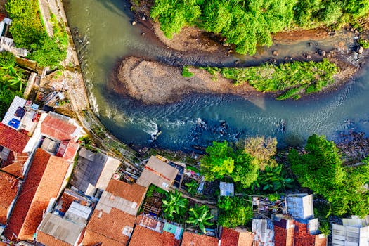 A vibrant aerial view of a river winding through a lush green village in West Java, Indonesia.