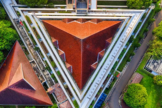 Stunning aerial drone view showcasing red-tiled roofs in Jawa Barat, Indonesia.