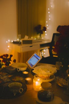 Warm, inviting tea setting illuminated by candlelight indoors with a cozy atmosphere.