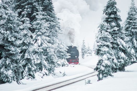A steam train travels through a snow-covered forest, creating a winter wonderland scene.