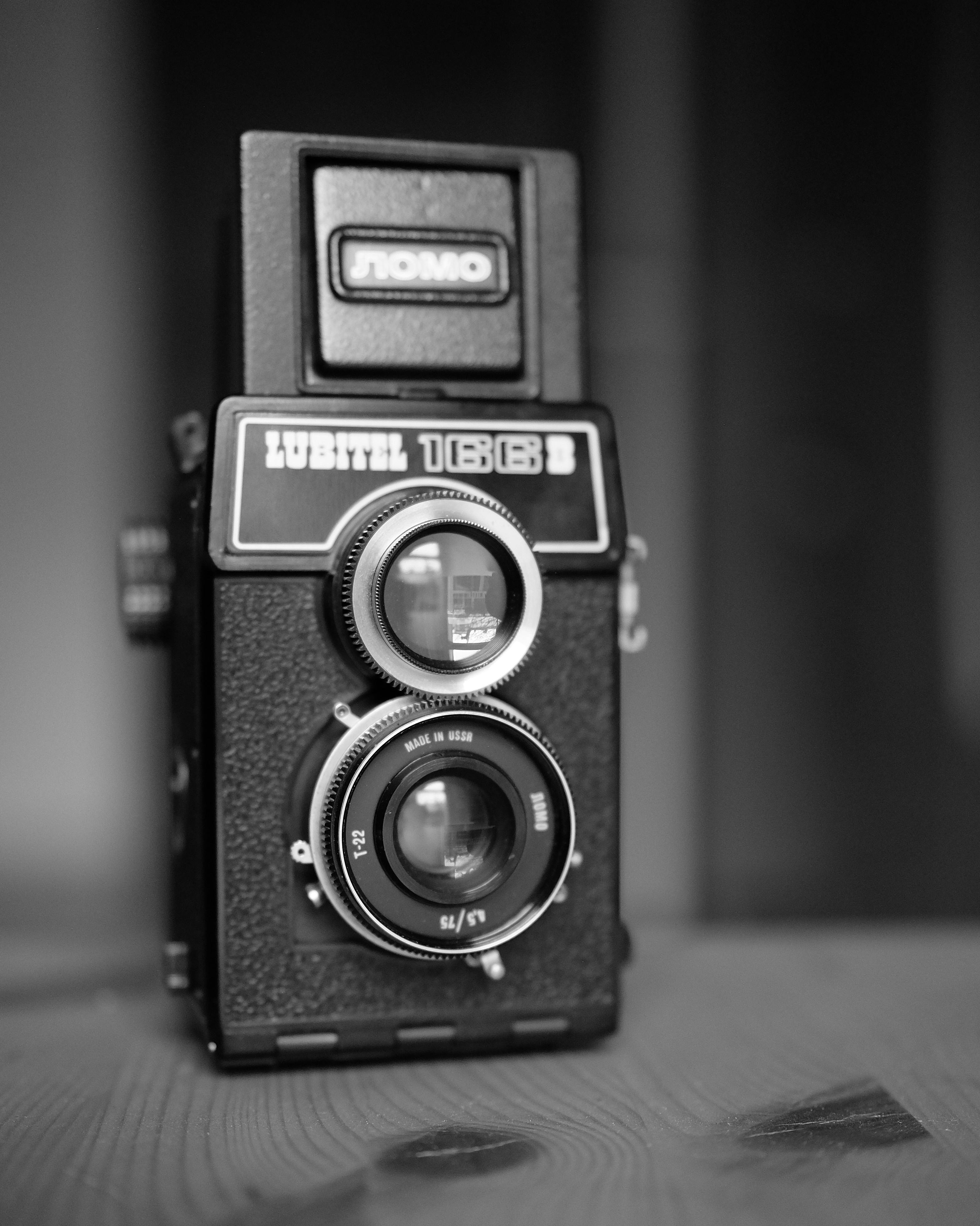 Free Black and white photo of a classic Lubitel 166B medium format camera. Stock Photo
