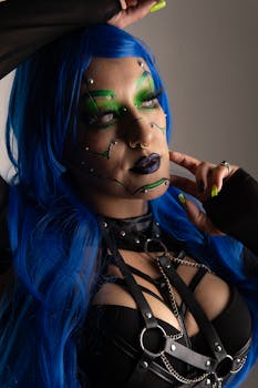 Close-up of person with cyberpunk makeup, blue wig, and black leather outfit