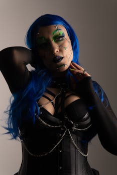 A striking portrait showcasing a cyberpunk inspired outfit with bold makeup and blue wig, set against a neutral backdrop.