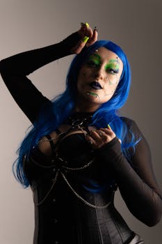Cyberpunk portrait featuring blue hair and green artistic makeup in dramatic fashion style.
