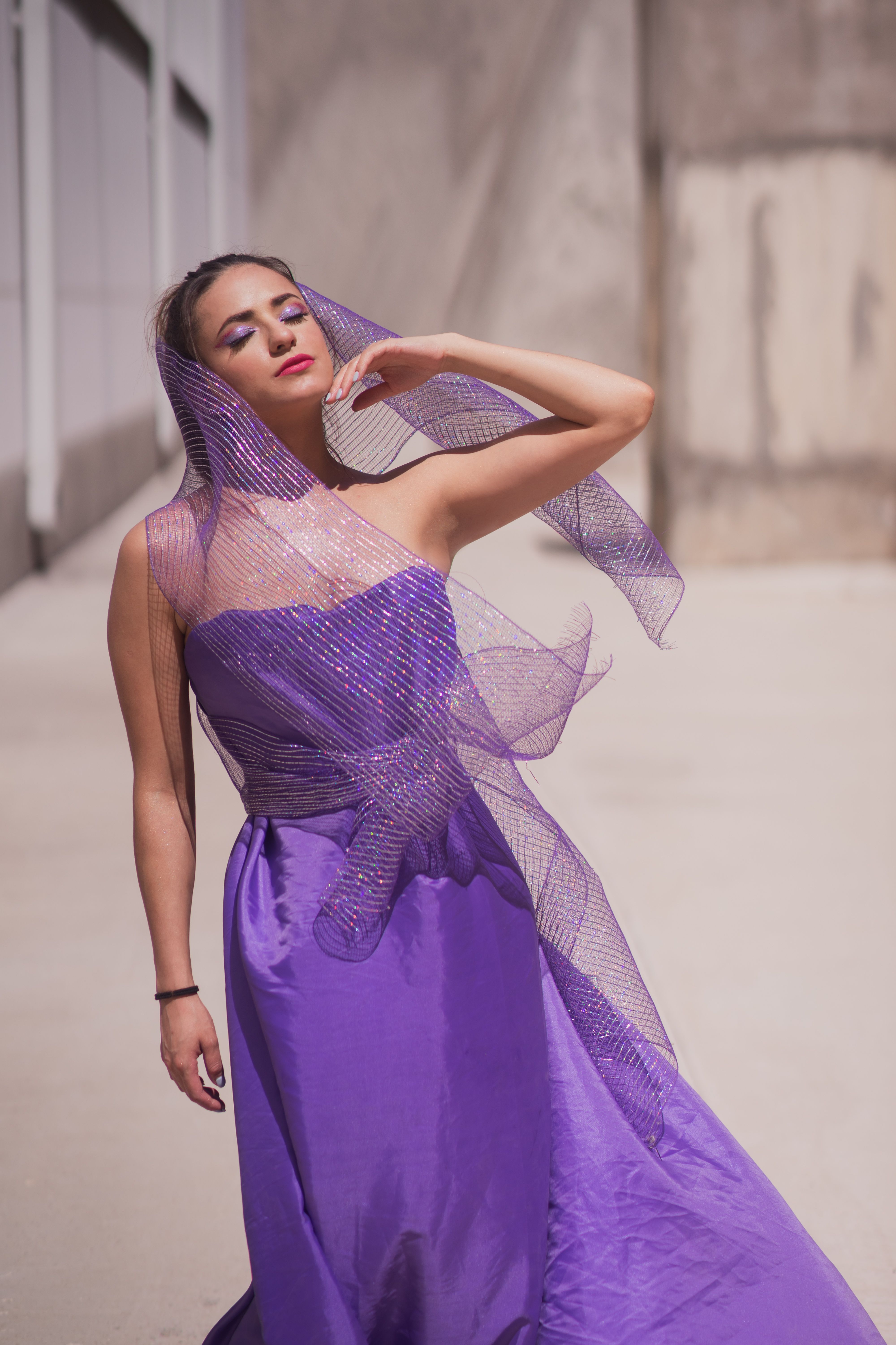 Elegant Woman in Purple Gown with Veil Outdoors · Free Stock Photo
