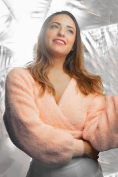 Smiling woman in a stylish pink sweater posing indoors against a metallic background.