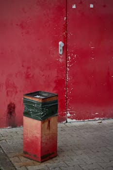 Red weathered door with trash bin on urban street. Unique city texture.