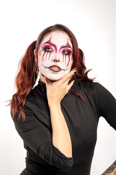 Striking portrait of a woman with artistic harlequin makeup and black blouse, set against a white background.
