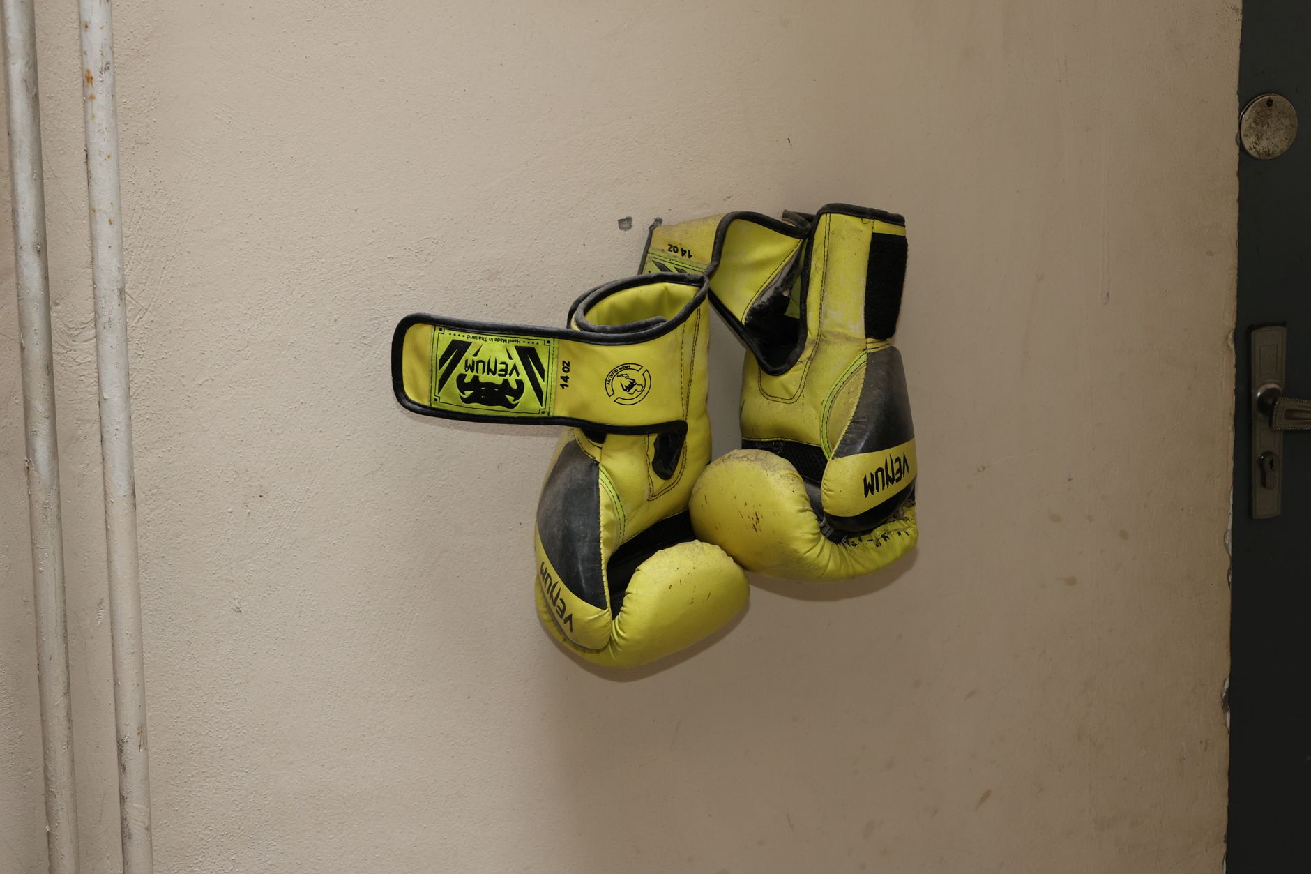 Bright yellow boxing gloves hang against a wall, adding sporty flair indoors.