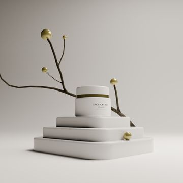 Unbranded cream jar on a pale minimalist pedestal, photo by Pușcaș Adryan on Pexels