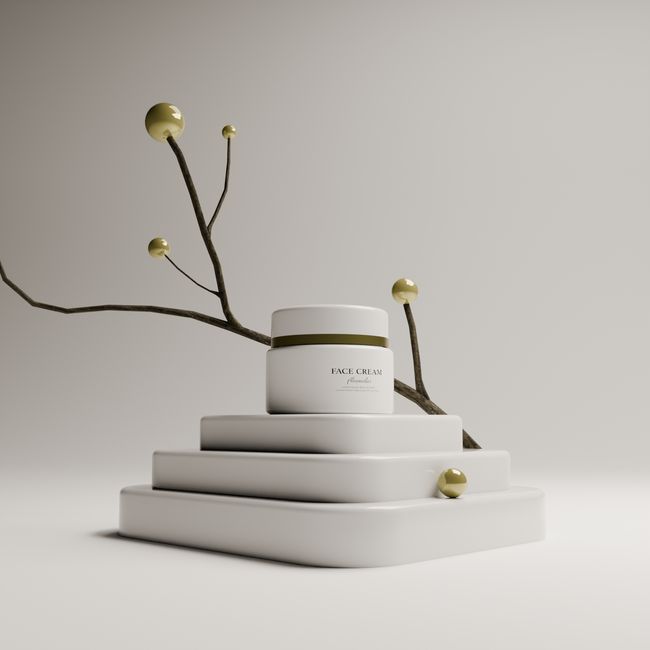 Face cream container on a minimalist pedestal. Photo by Pușcaș Adryan on Pexels