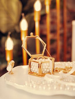 A close-up of luxury bridal accessories with pearls and golden rings, set against a warm, romantic background.