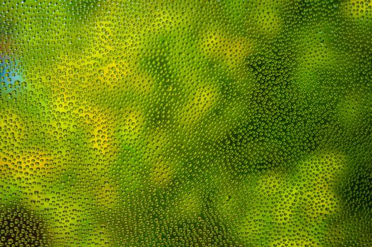 Close-up of dew drops on glass with a green abstract effect, creating a refreshing natural texture.