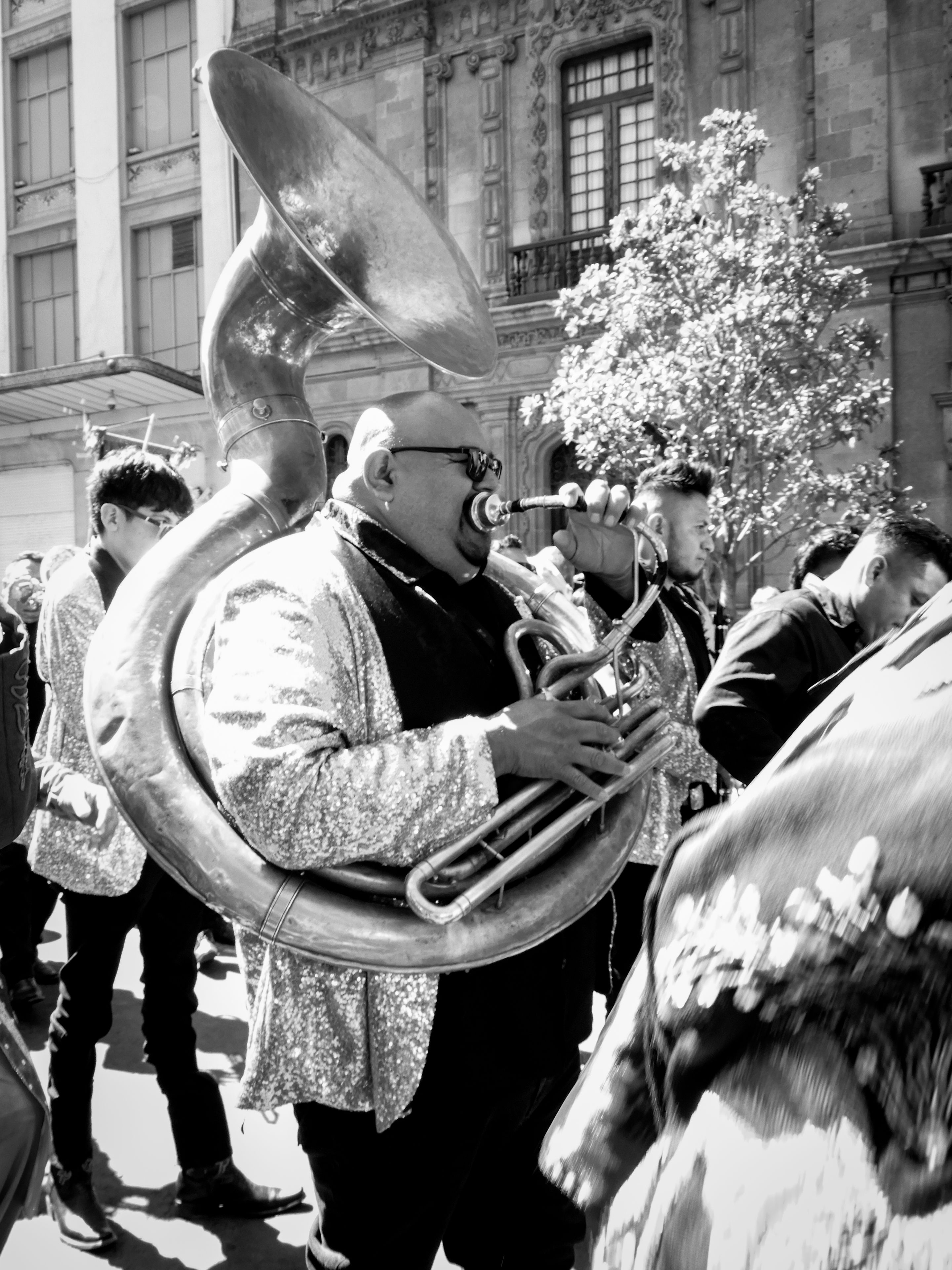 Black and white capture of a vibrant street band performance in Mexico City with musicians playing instruments.