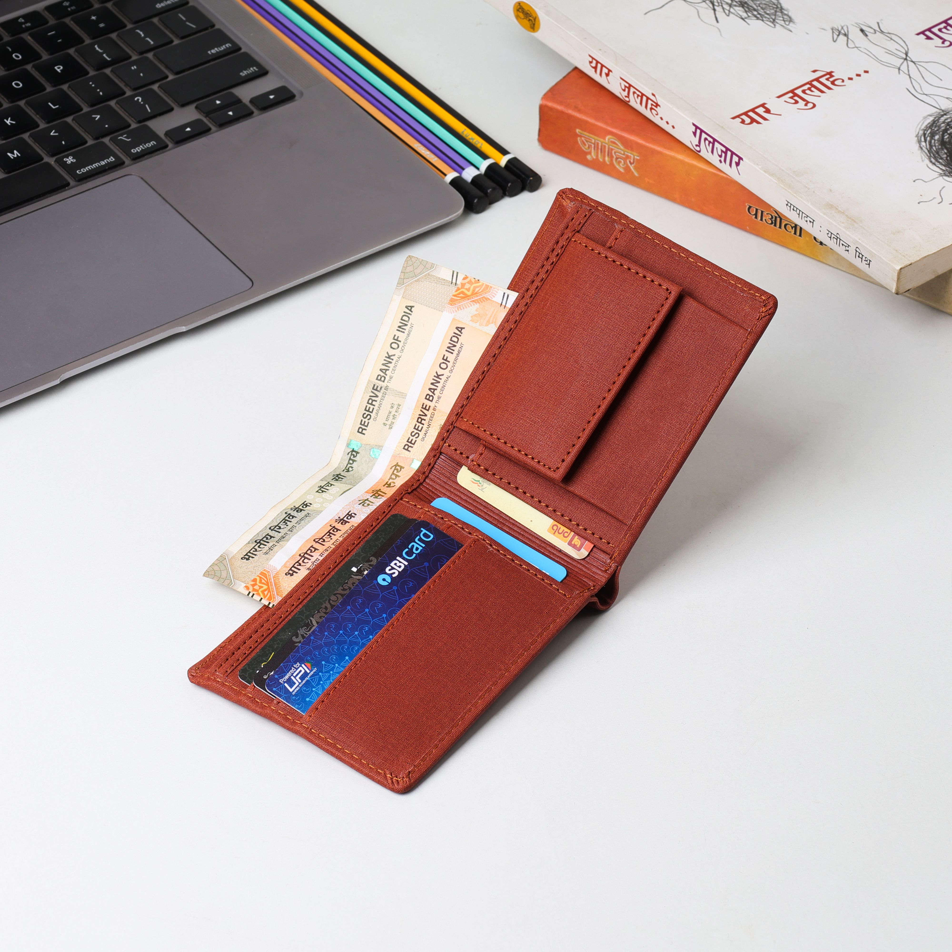 Open Wallet with Cash and Cards on Desk · Free Stock Photo