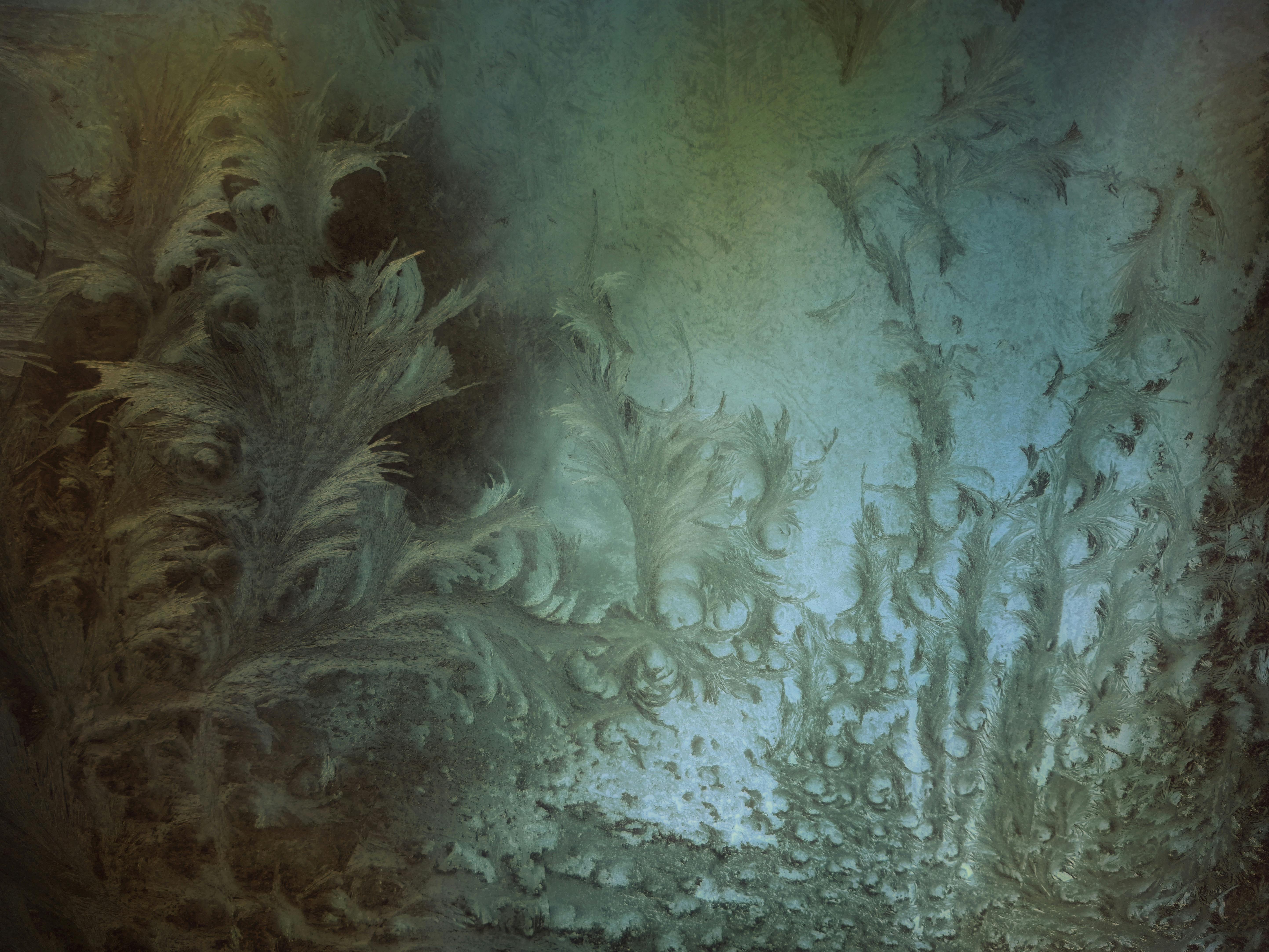 Free Close-up of delicate frost patterns on a window creating an abstract and ethereal feel. Stock Photo