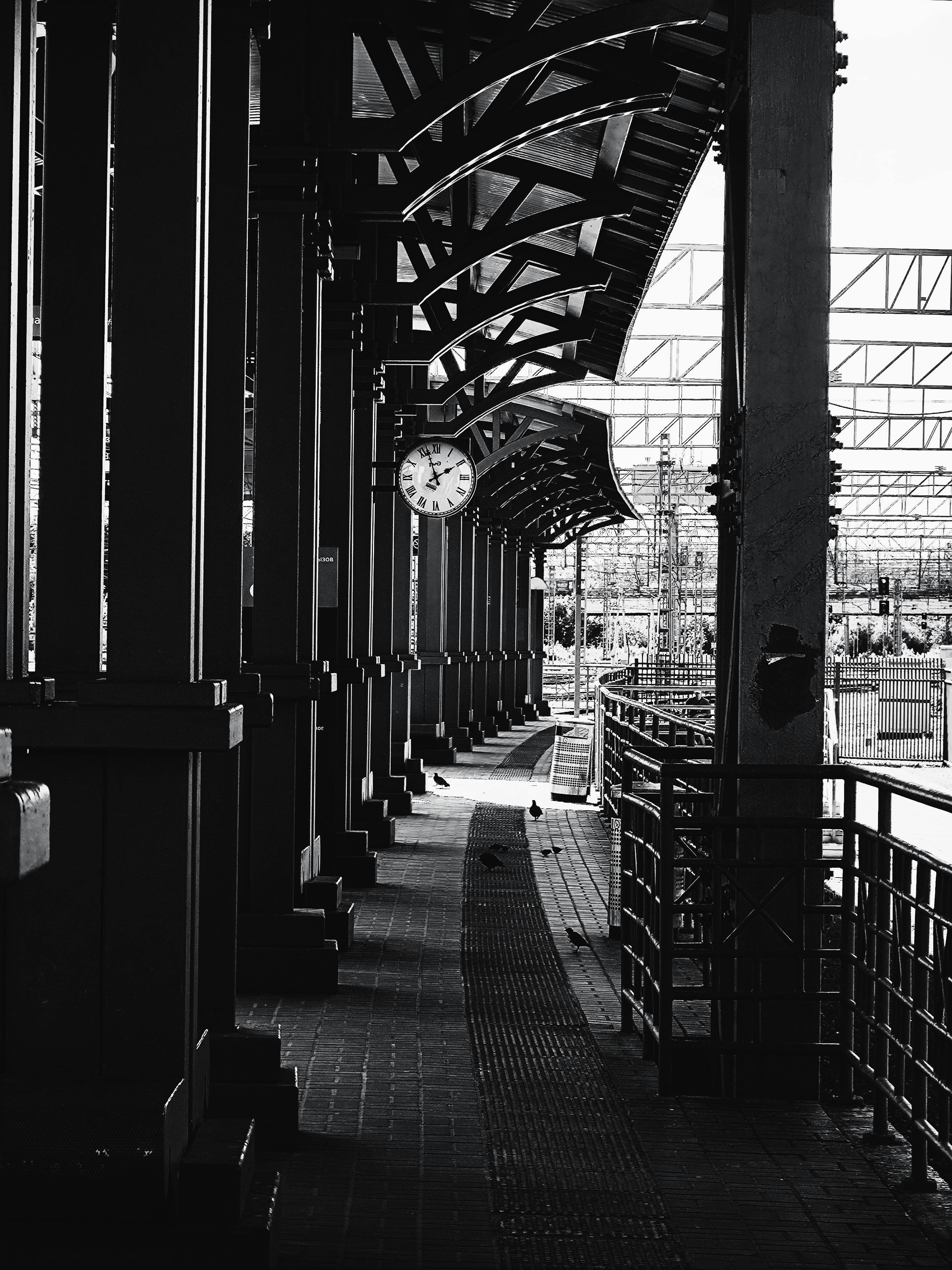 bezplatná Černobílý pohled na nástupiště vlakového nádraží s hodinami a architektonickými prvky. Základová fotografie