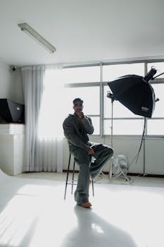 Stylish male model in a studio with professional lighting gear.