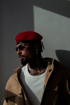 A fashionable man in a red beret and sunglasses, casting a shadow on the wall.