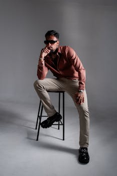 Confident man in sunglasses poses stylishly on a stool in a studio, exuding elegance.