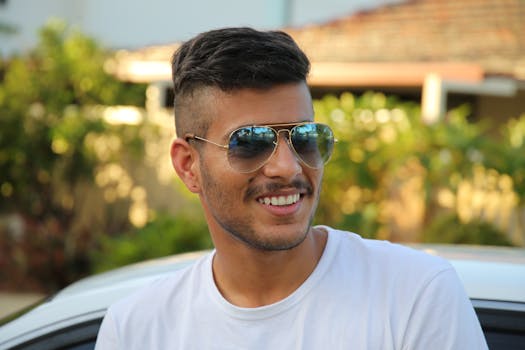 A young man smiling confidently outdoors in sunglasses and a white T-shirt.