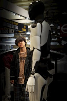 Teenager examining a humanoid robot in an indoor tech exhibit, highlighting curious interaction with technology.