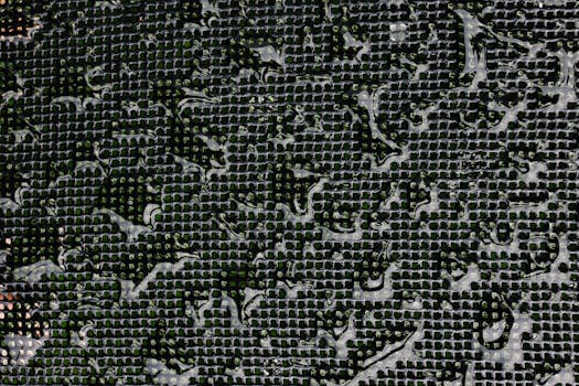 Aerial shot of a large-scale greenhouse structure with geometric patterns and green plants.