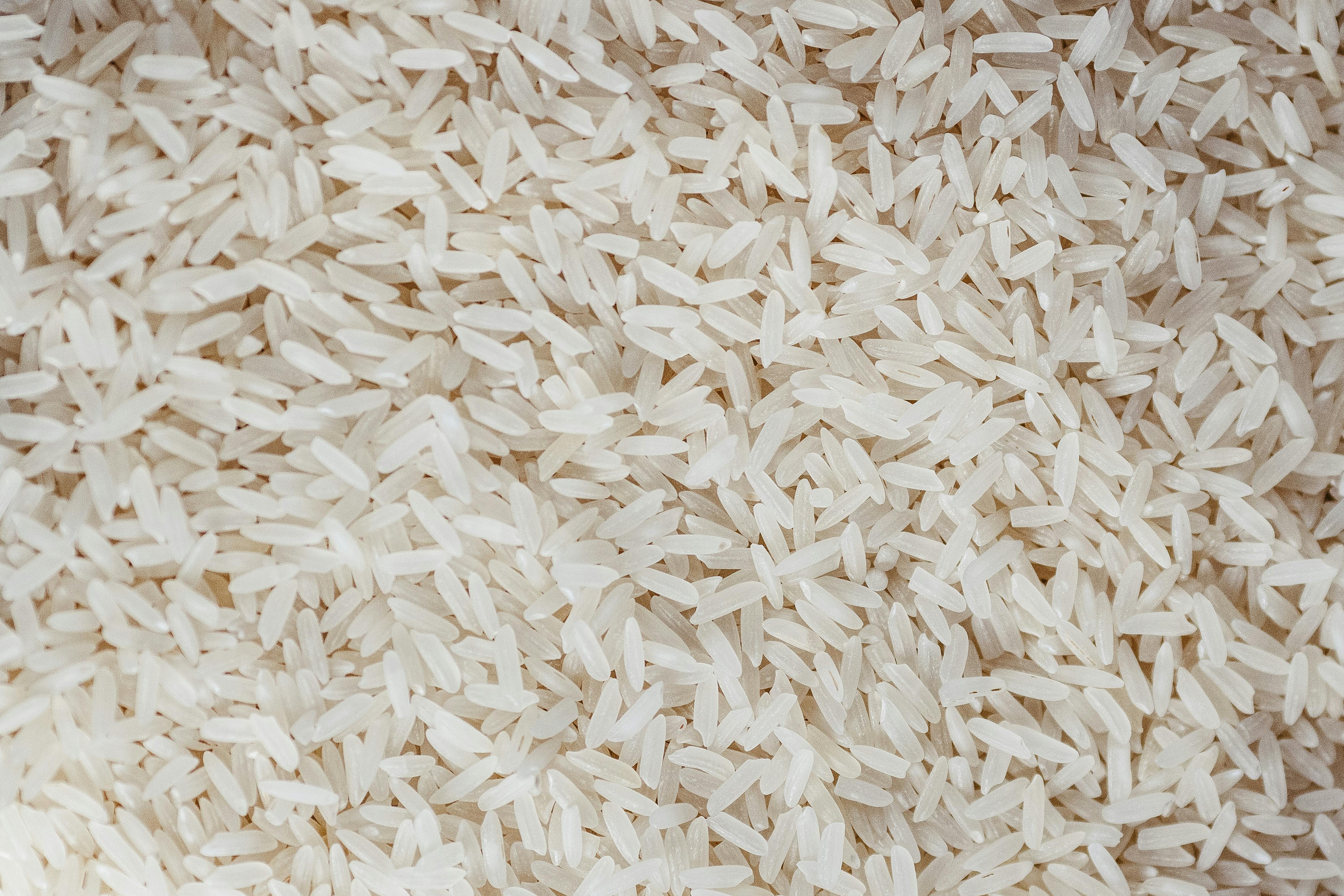 Macro shot of uncooked white rice grains, showcasing texture and color.
