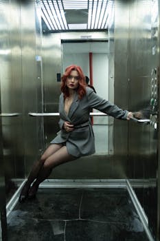 Confident woman with red hair in an elevator wearing a chic grey outfit.