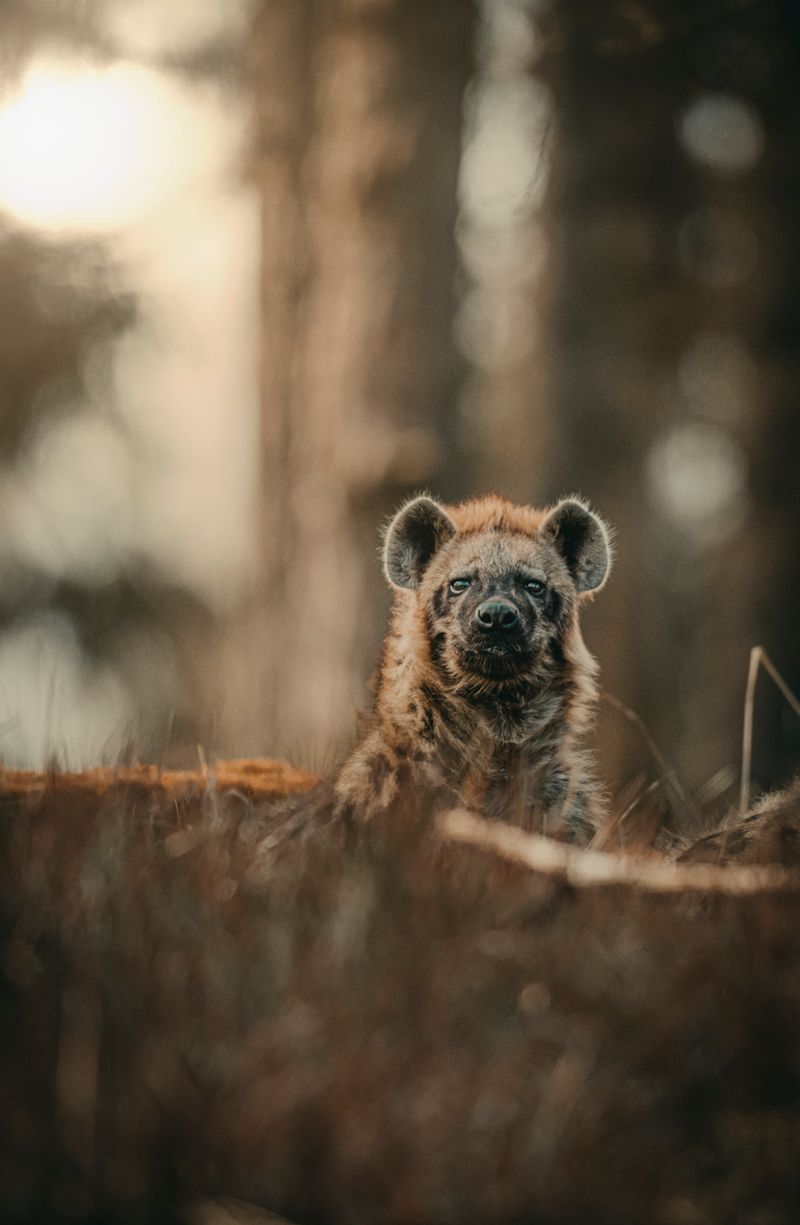 A hyena peering through tall grass in the African bush