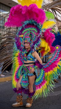 Vibrant costume at the Hidalgo Carnival in Pachuca, showcasing colorful feathers and intricate design.