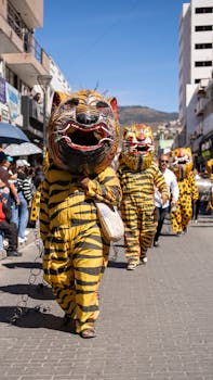 Vibrant carnival scene with traditional costumes in Pachuca de Soto, Mexico.