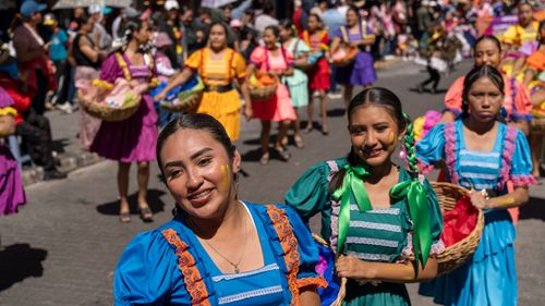Free Vibrant costumes at Hidalgo Carnival parade in Pachuca de Soto, Mexico. Stock Photo