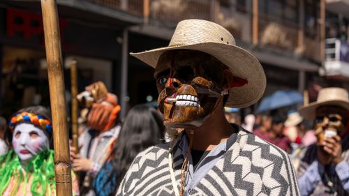 Free Vibrant masked participants in traditional costumes at the Hidalgo Carnival parade. Stock Photo