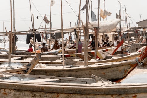 Wooden Boats Lined up on Sea Shore