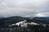 天空多云，白雪覆盖的山丘和松树构成了一幅秀丽的冬季景观