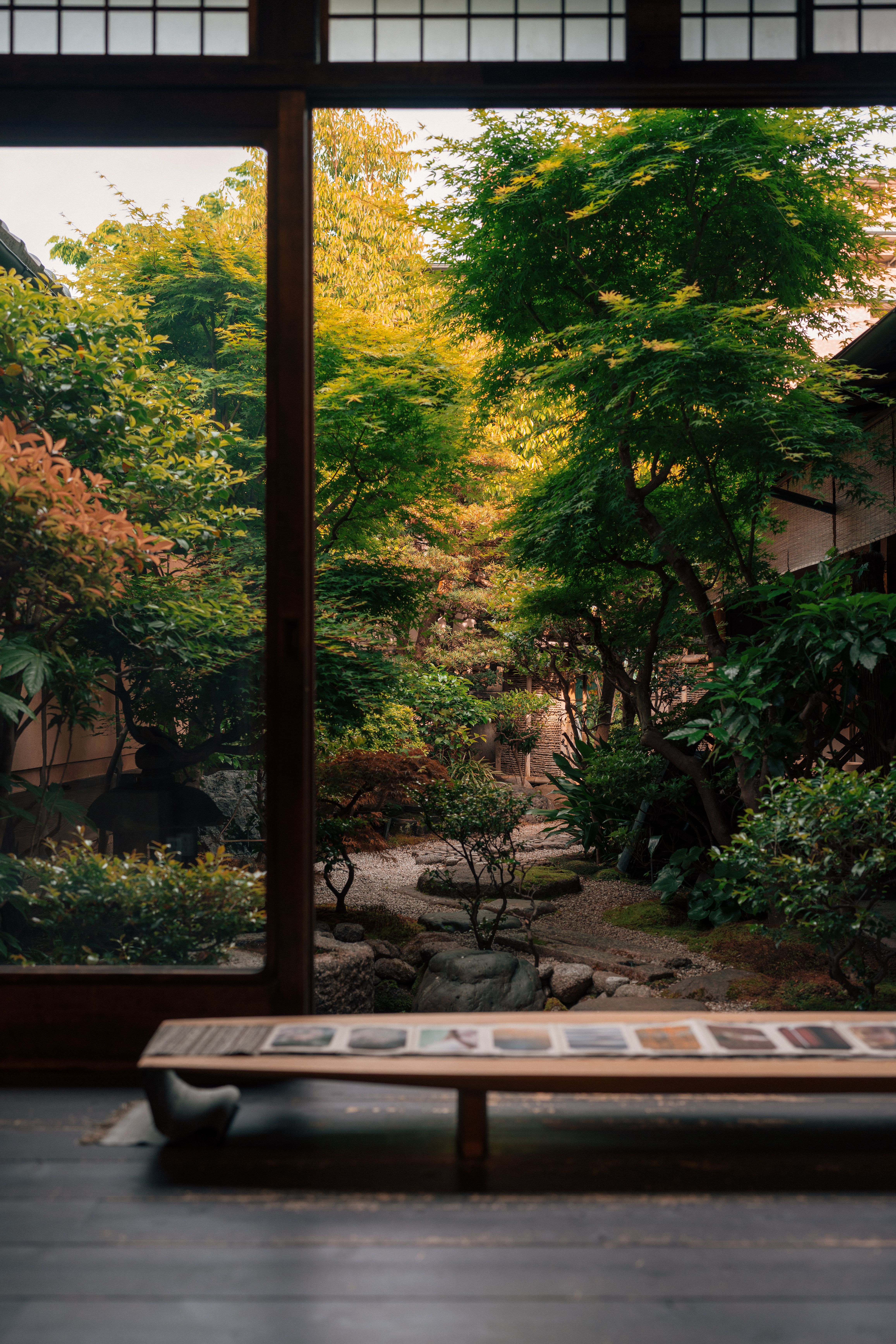 Free Peaceful view of a Japanese garden from inside a traditional Kyoto room. Stock Photo